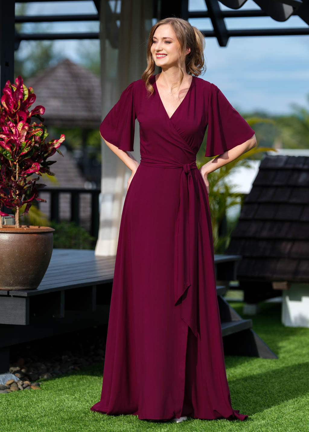 Burgundy romantic wrap dress