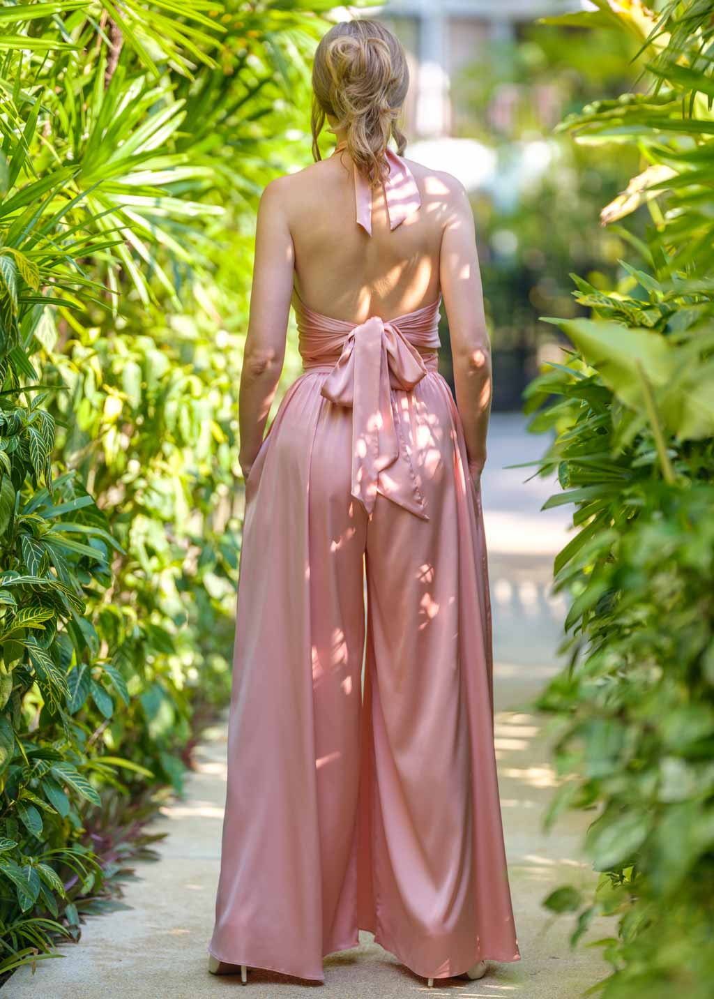 Blush pink open back halter silk jumpsuit