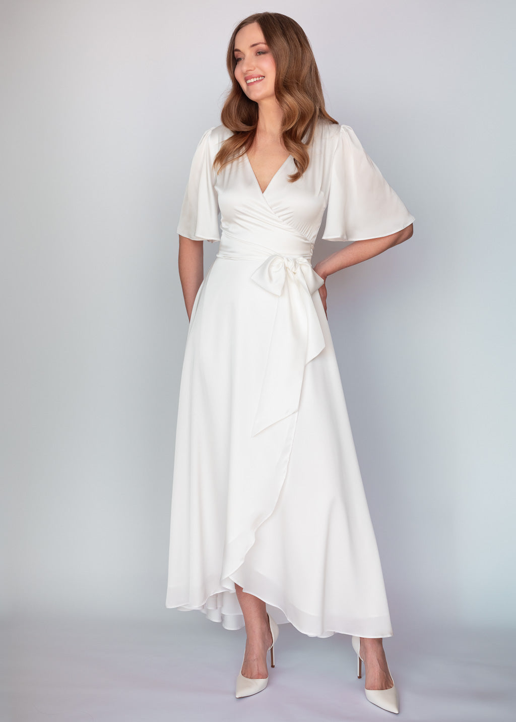 Ivory Silk Wrap Dress with Flutter Sleeve