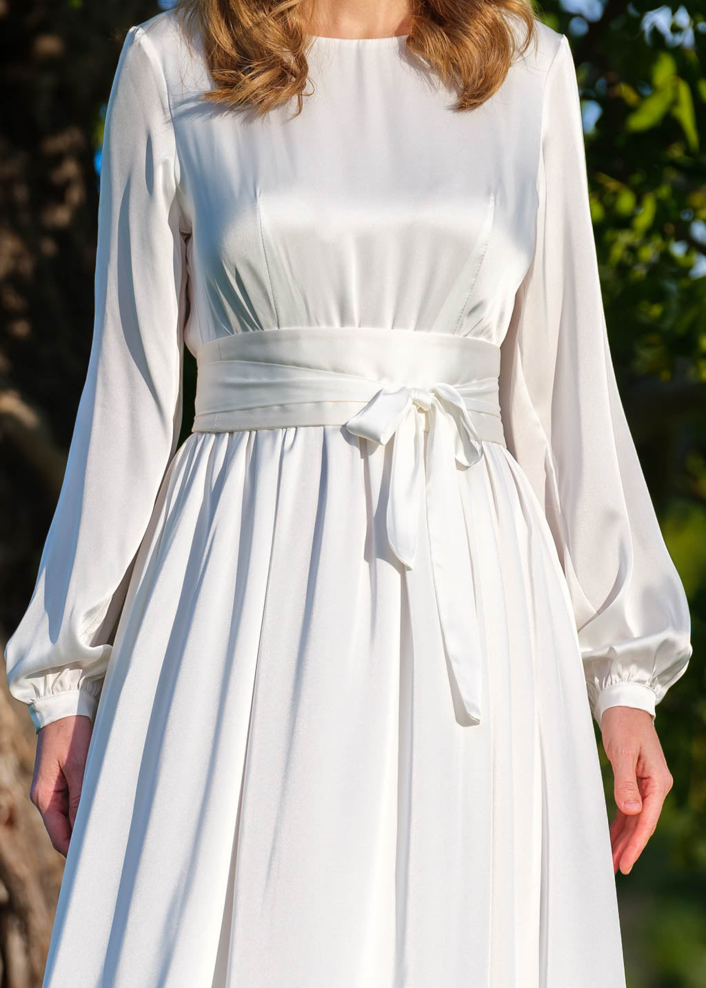 Ivory silk wedding dress with belt