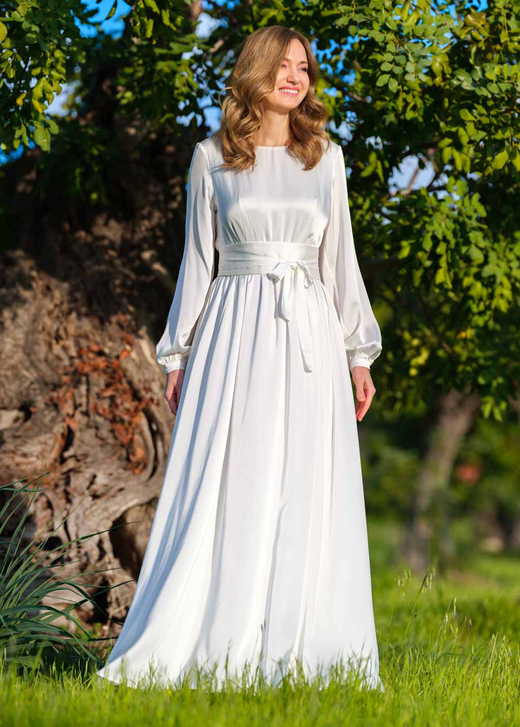 Ivory silk wedding dress with belt