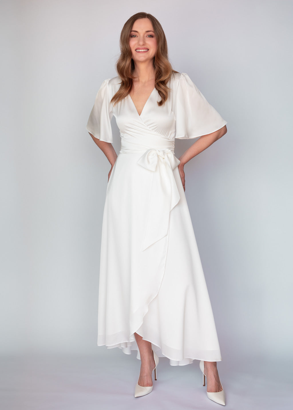 Ivory Silk Wrap Dress with Flutter Sleeve