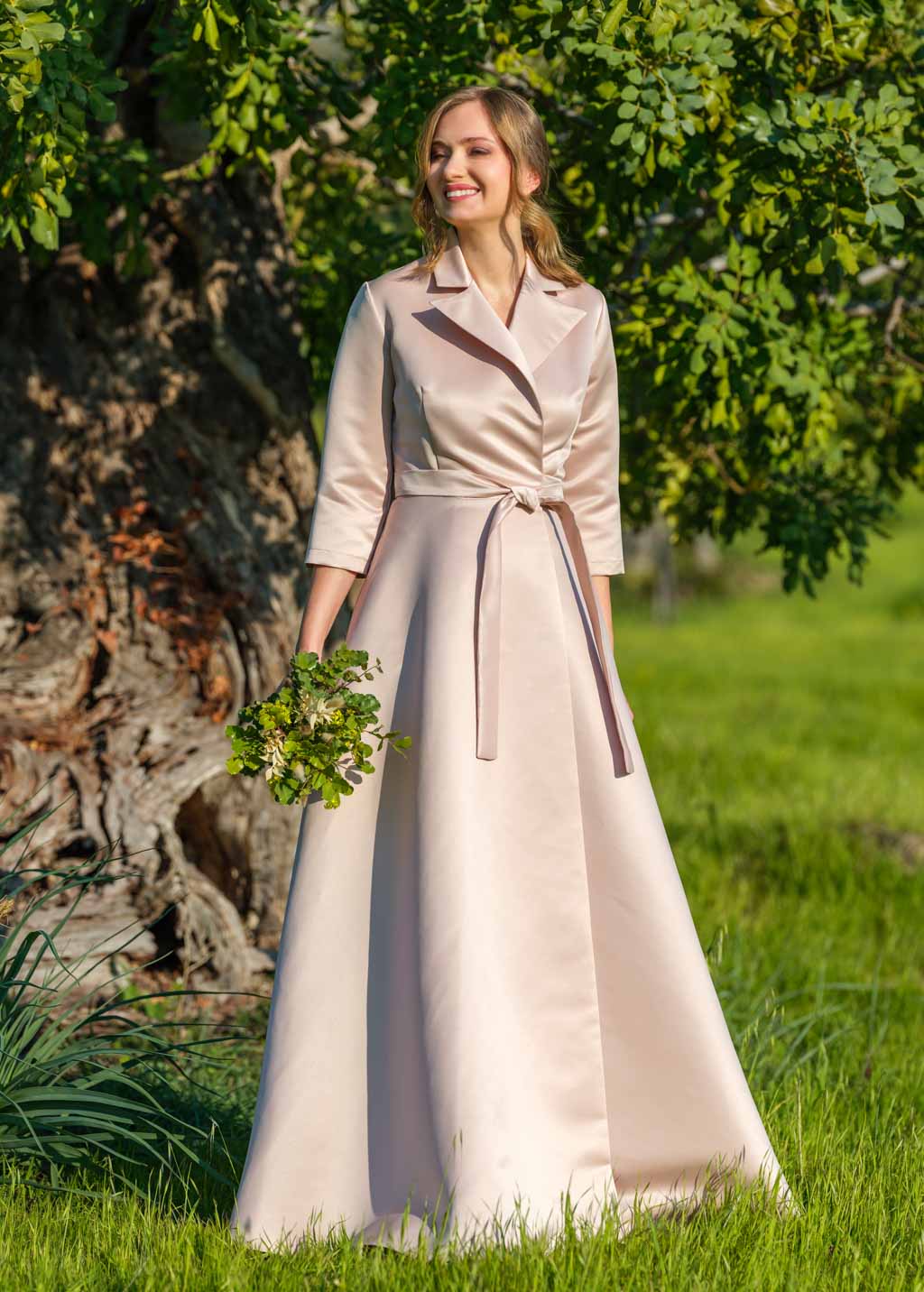 Champagne beige wrap luxury satin dress