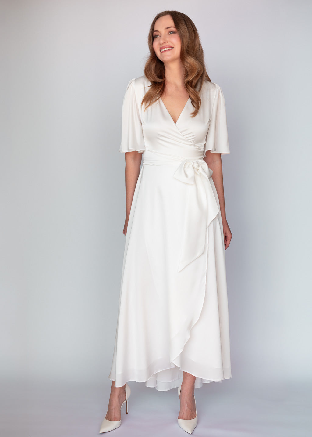 Ivory Silk Wrap Dress with Flutter Sleeve