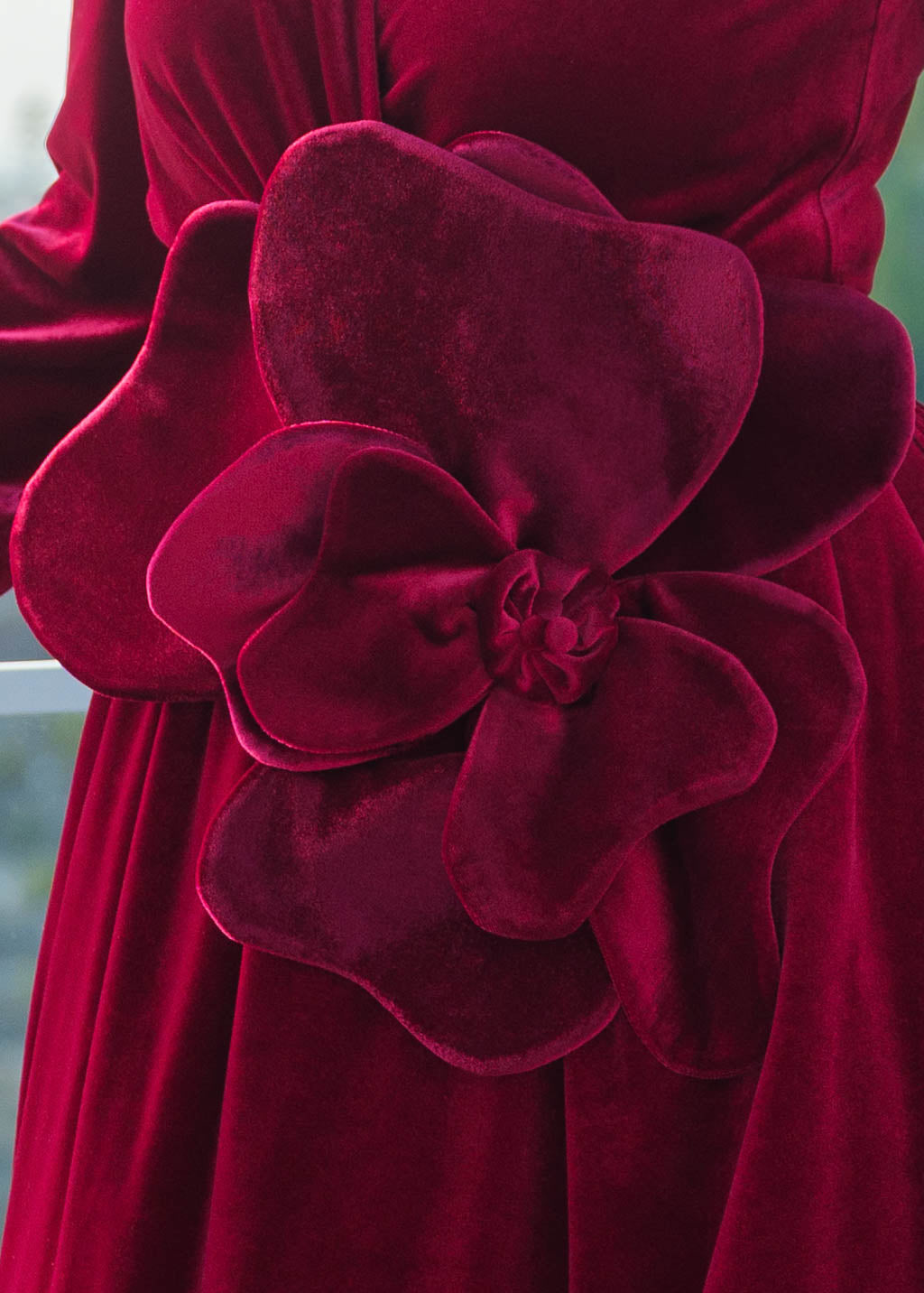 Burgundy Velvet Dress with Handmade Flower & Petticoat