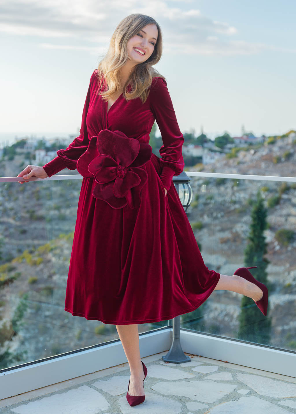 Burgundy Velvet Dress with Handmade Flower & Petticoat