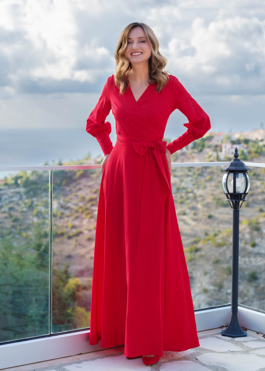 Red chiffon wrap long dress