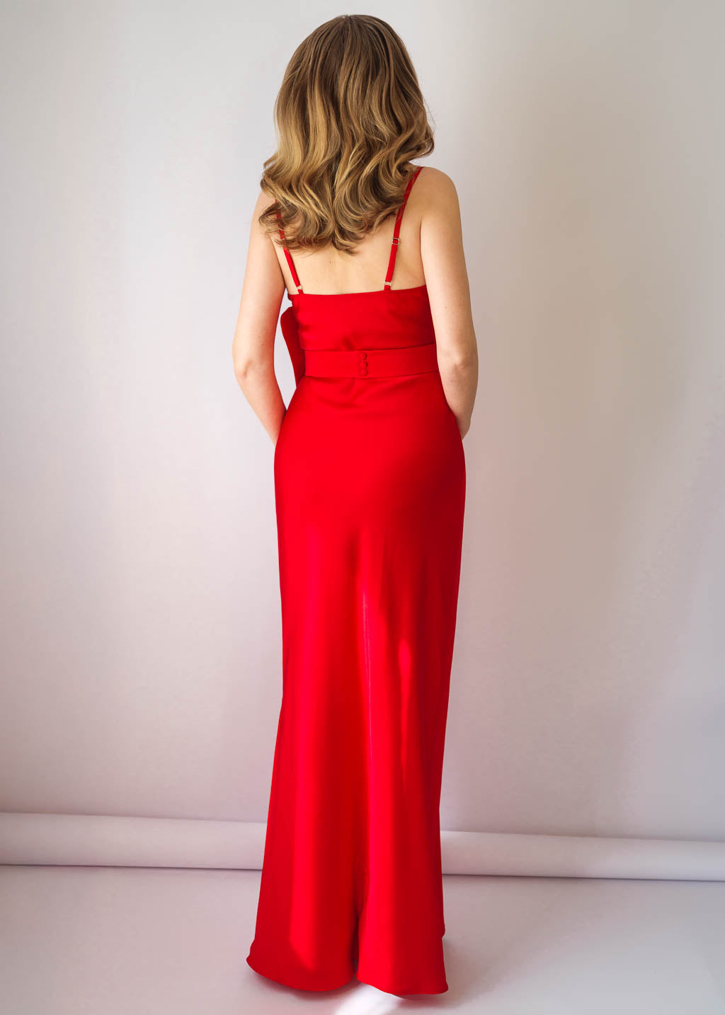 Red Bias Cut Silk Satin Maxi Dress with Belt & Silk Flower