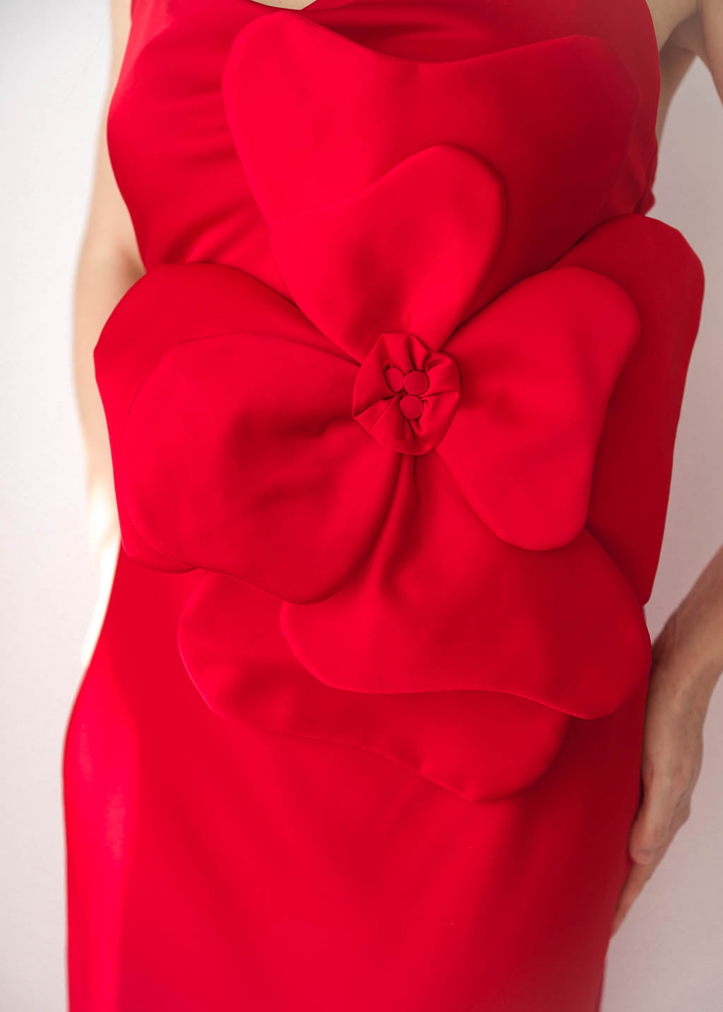 Red Bias Cut Silk Satin Maxi Dress with Belt & Silk Flower