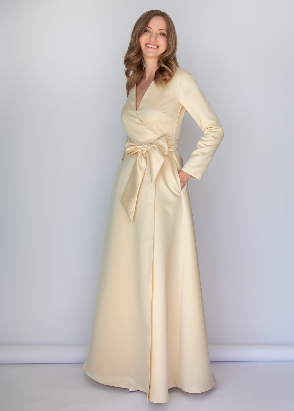 Champagne Gold Luxury Satin Long Wrap Dress