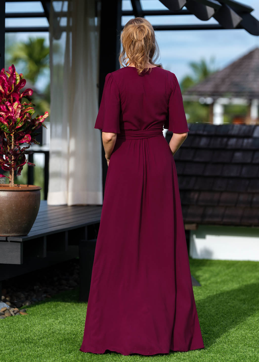 Burgundy romantic wrap dress