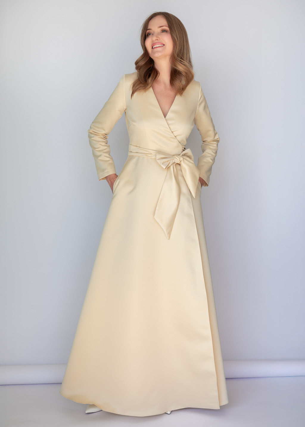 Champagne Gold Luxury Satin Long Wrap Dress