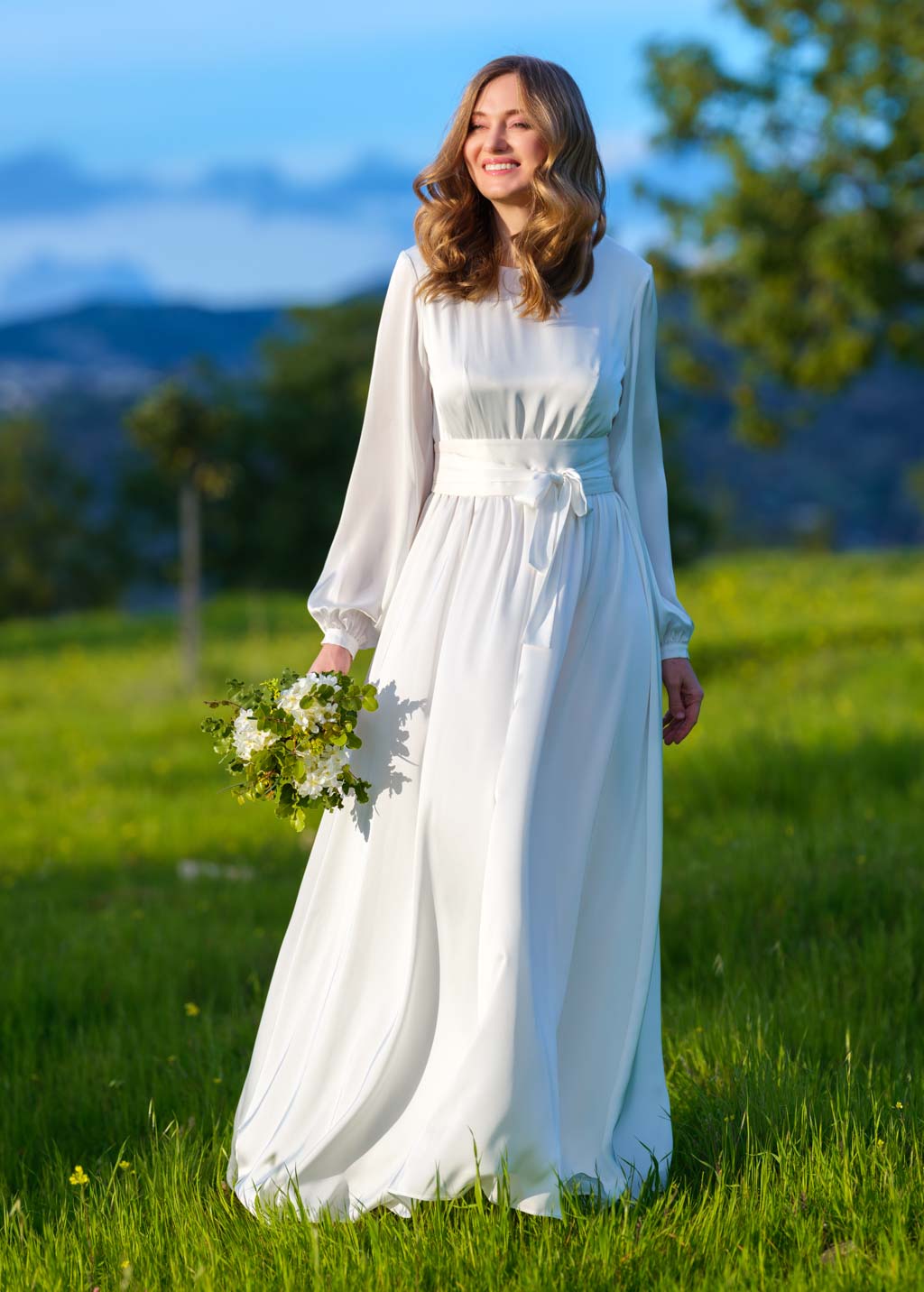 Ivory silk wedding dress with belt