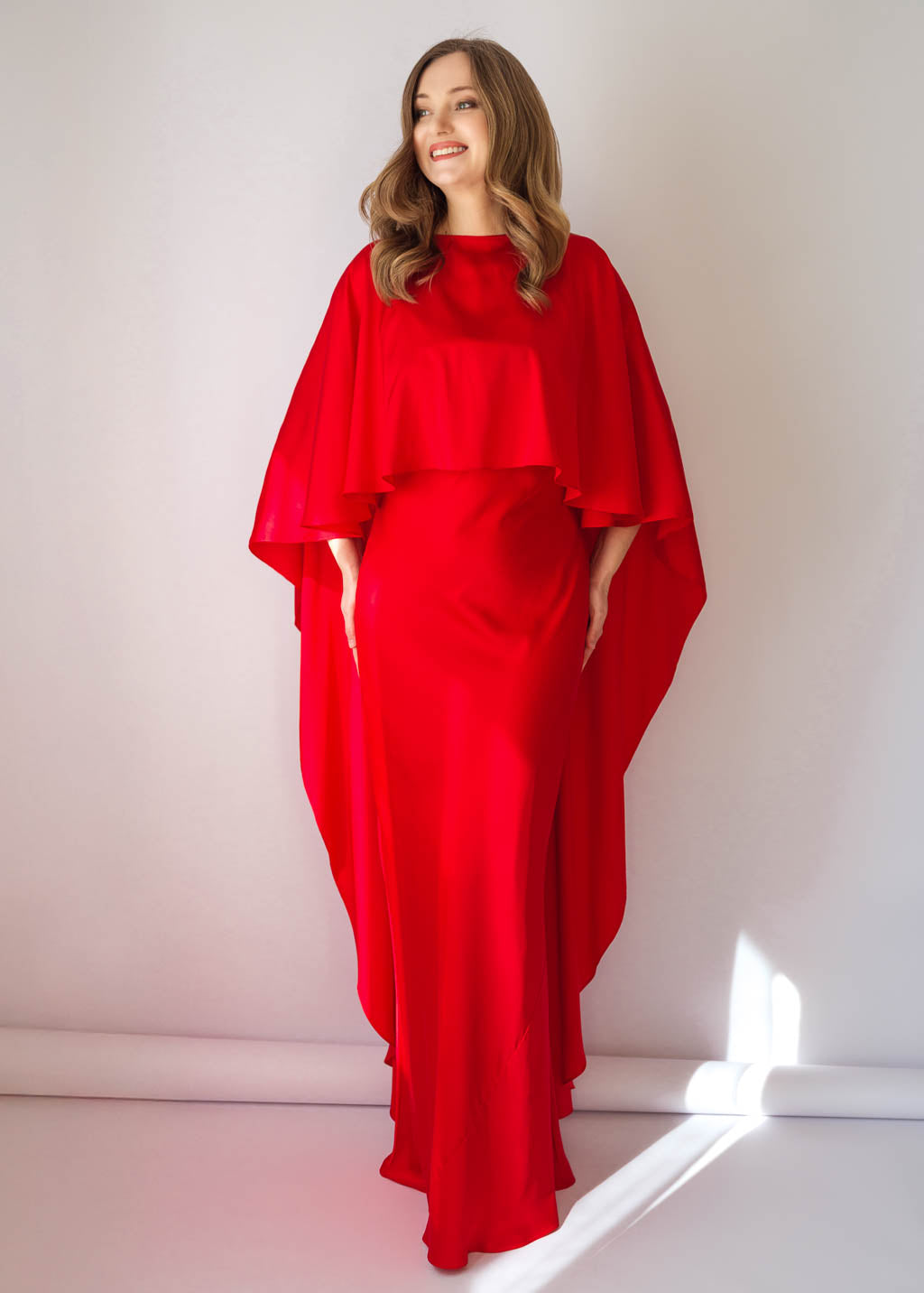 Red Bias Cut Silk Satin Maxi Dress with Silk Cape