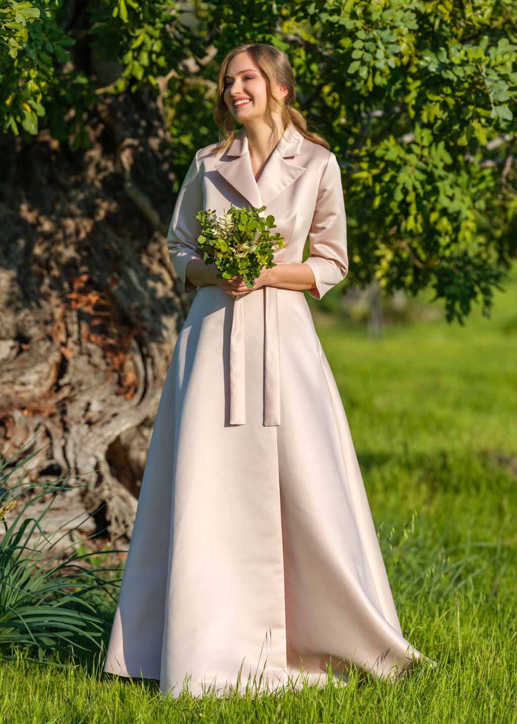 Champagne beige wrap luxury satin dress