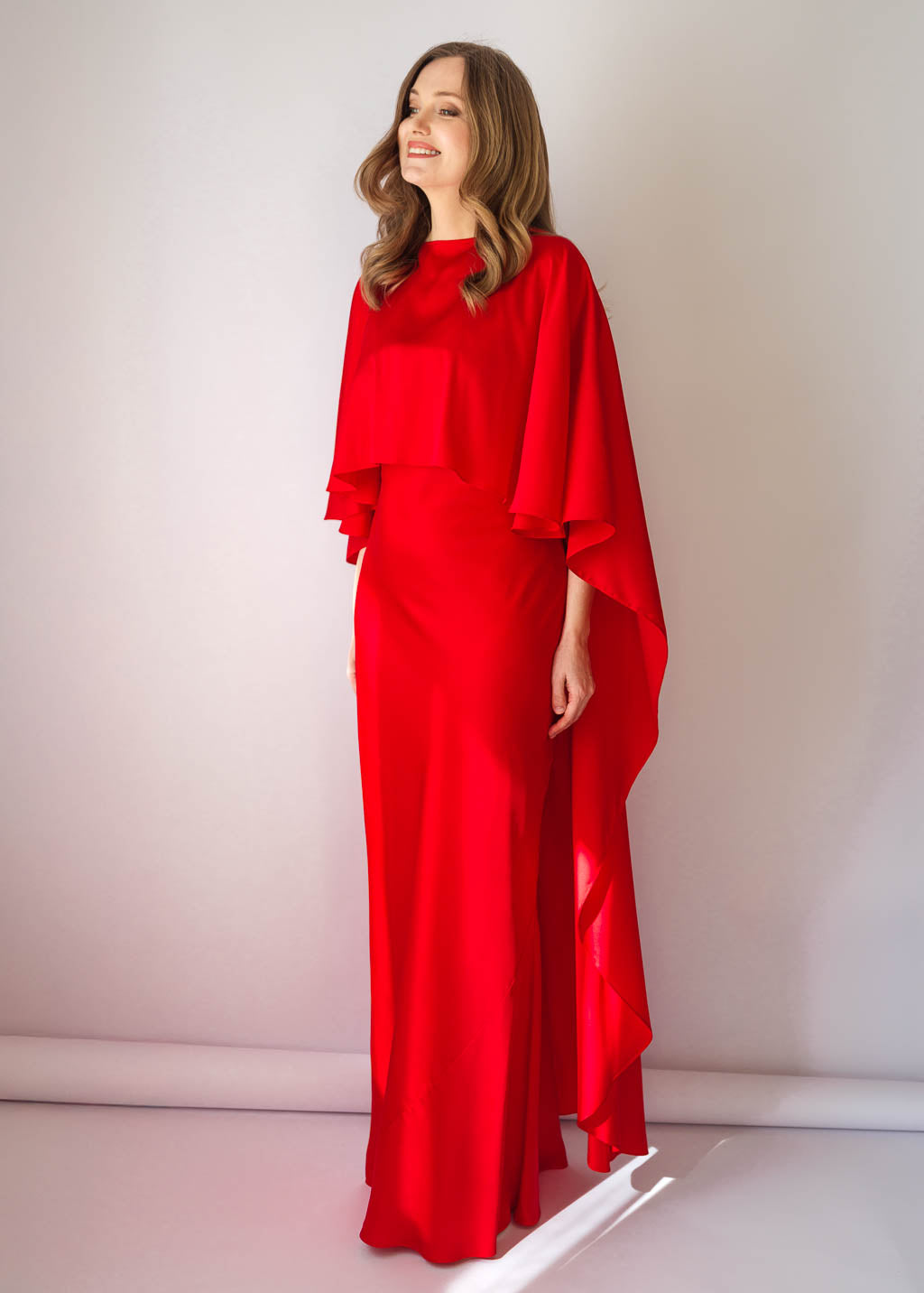 Red Bias Cut Silk Satin Maxi Dress with Silk Cape
