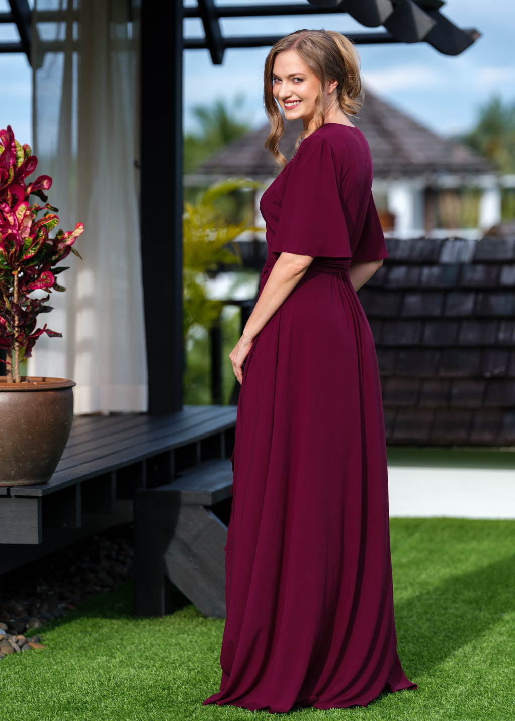 Burgundy romantic wrap dress