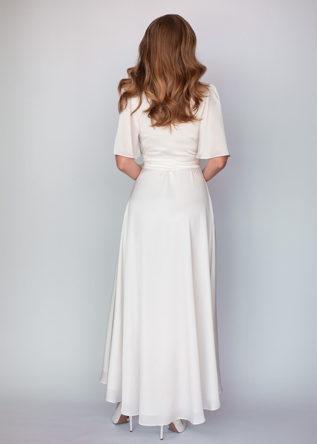 Ivory Silk Wrap Dress with Flutter Sleeve