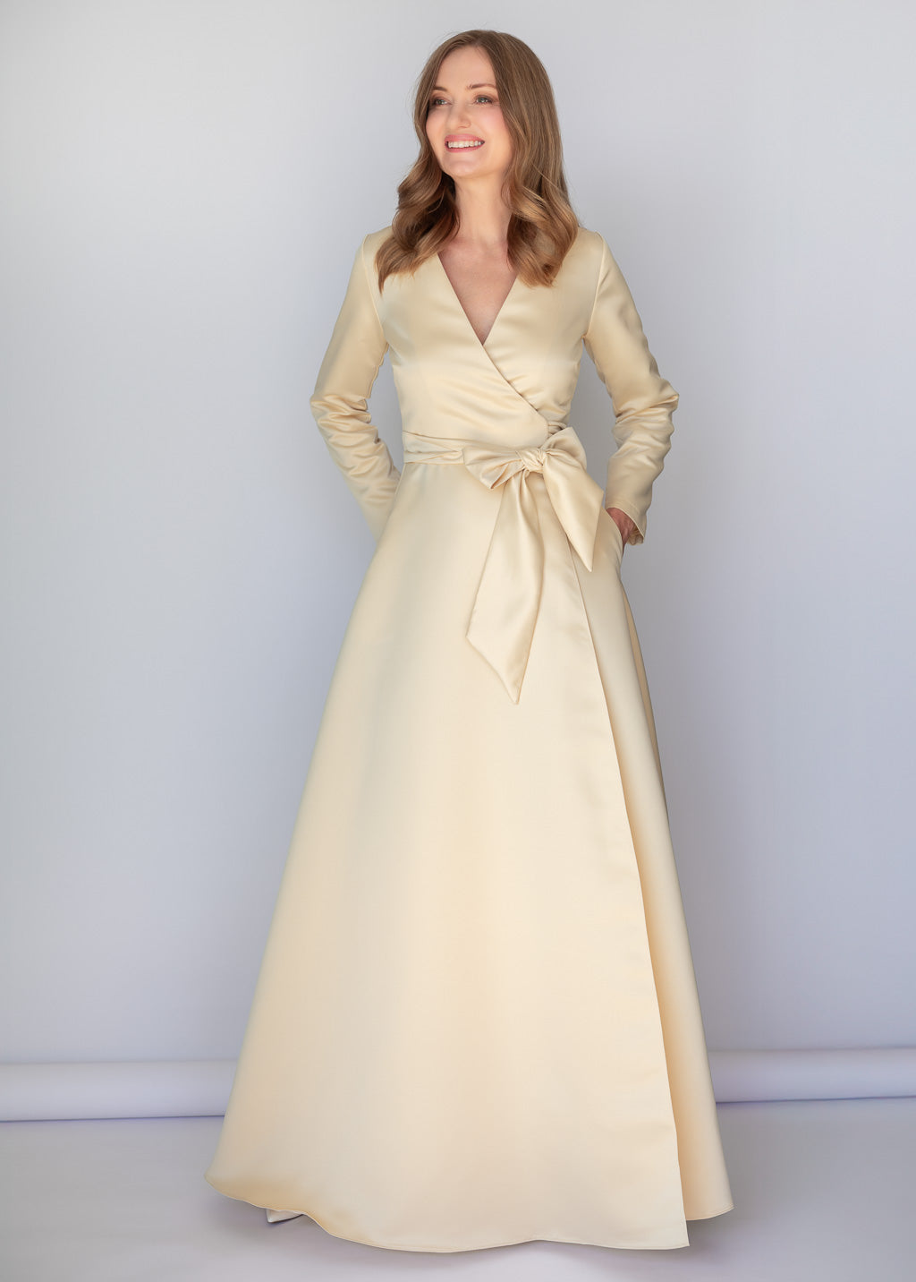 Champagne Gold Luxury Satin Long Wrap Dress