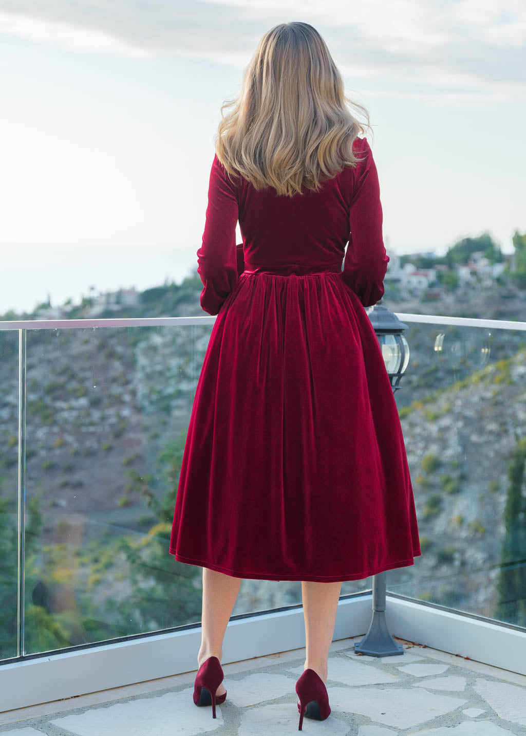 Burgundy Velvet Dress with Handmade Flower & Petticoat