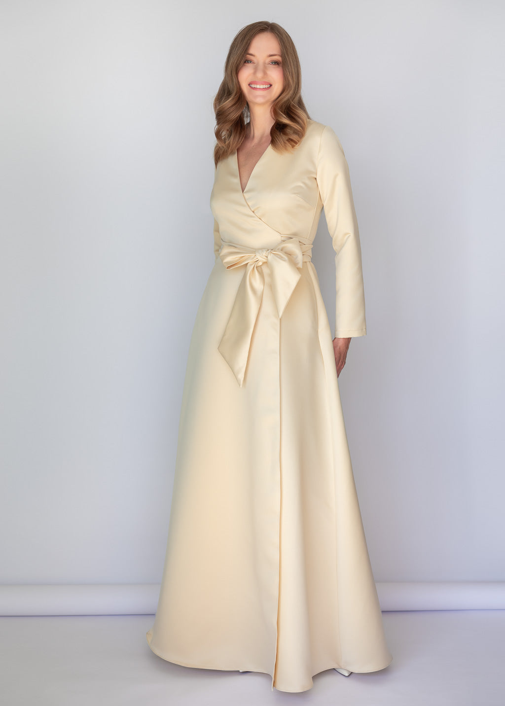 Champagne Gold Luxury Satin Long Wrap Dress