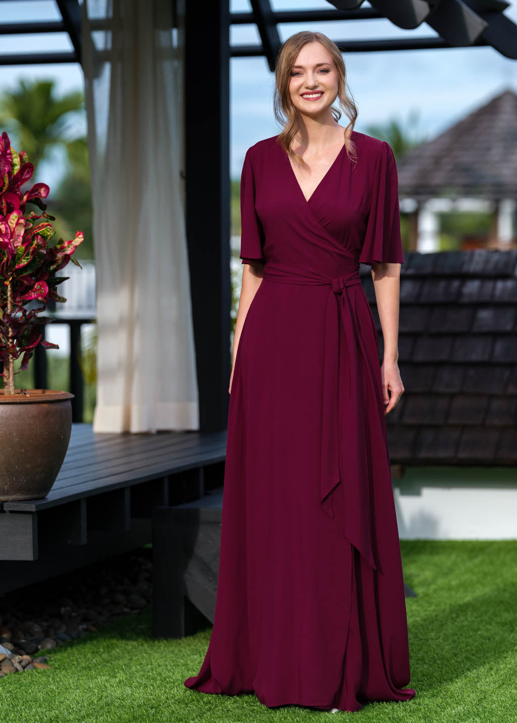 Burgundy romantic wrap dress