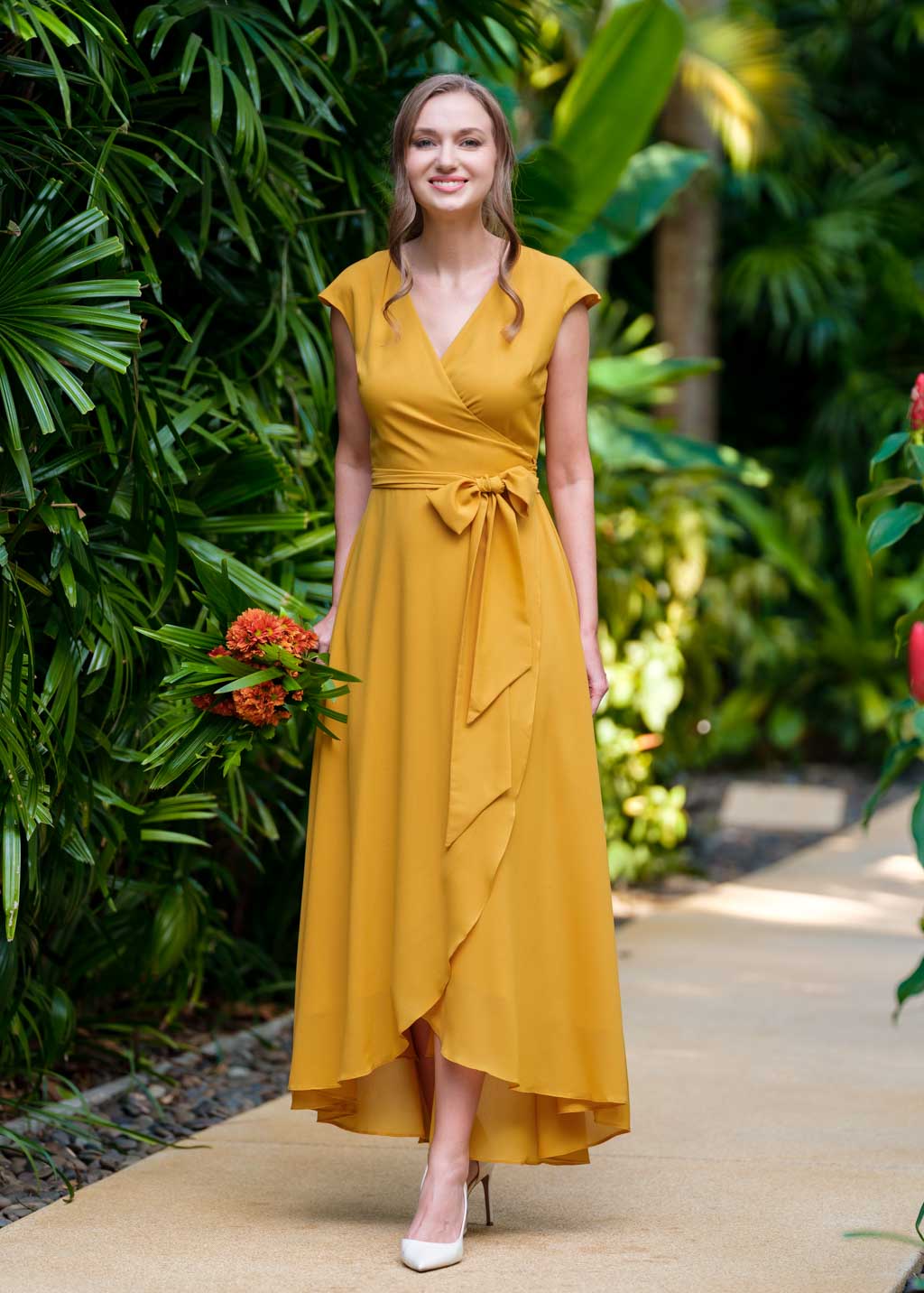 Gold chiffon wrap dress