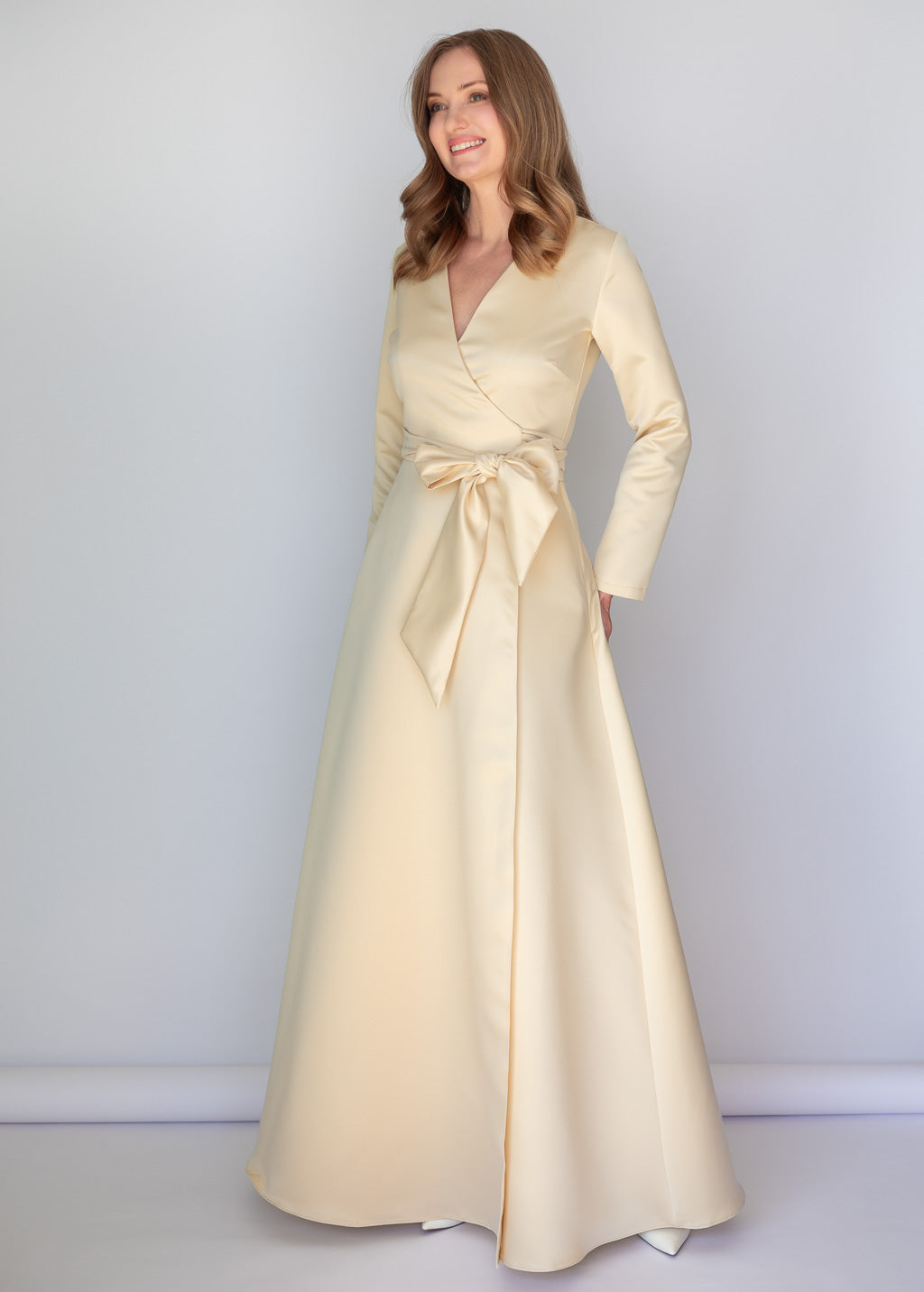 Champagne Gold Luxury Satin Long Wrap Dress