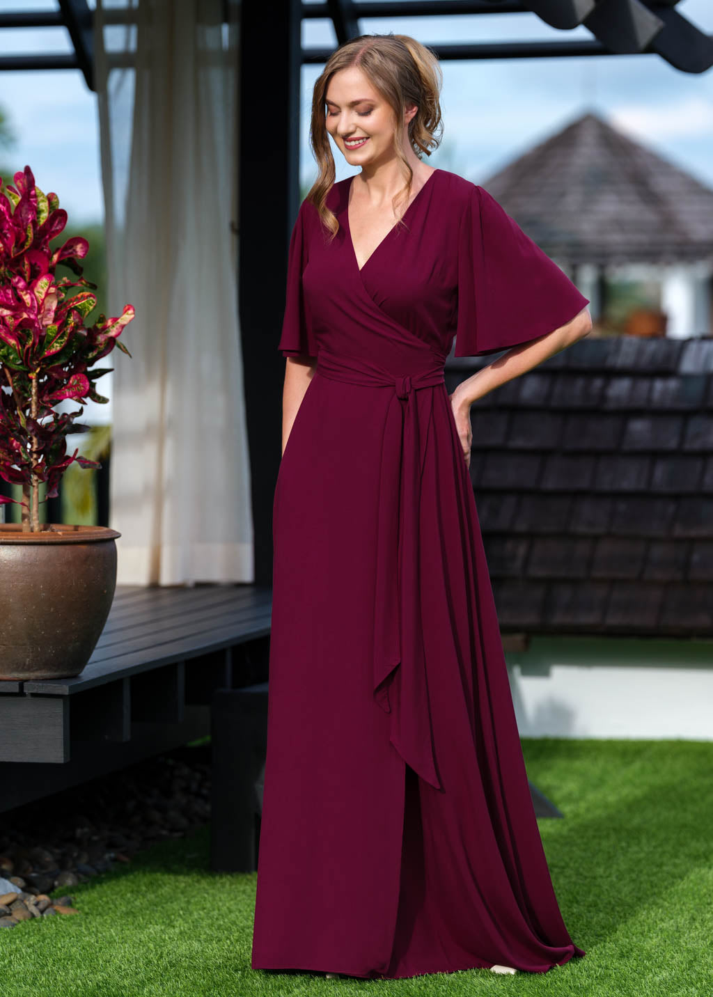 Burgundy romantic wrap dress