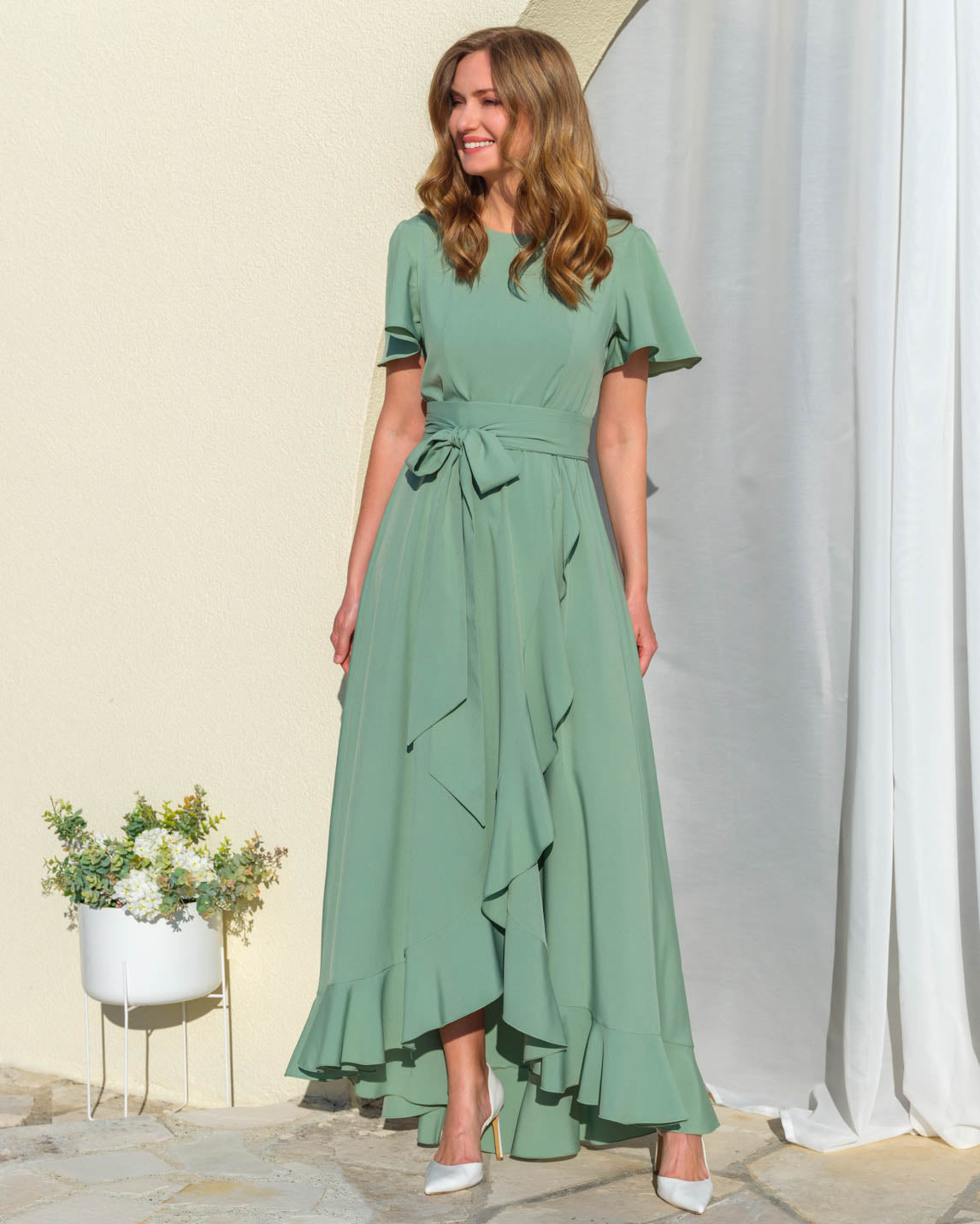 Sage green ruffle dress with belt