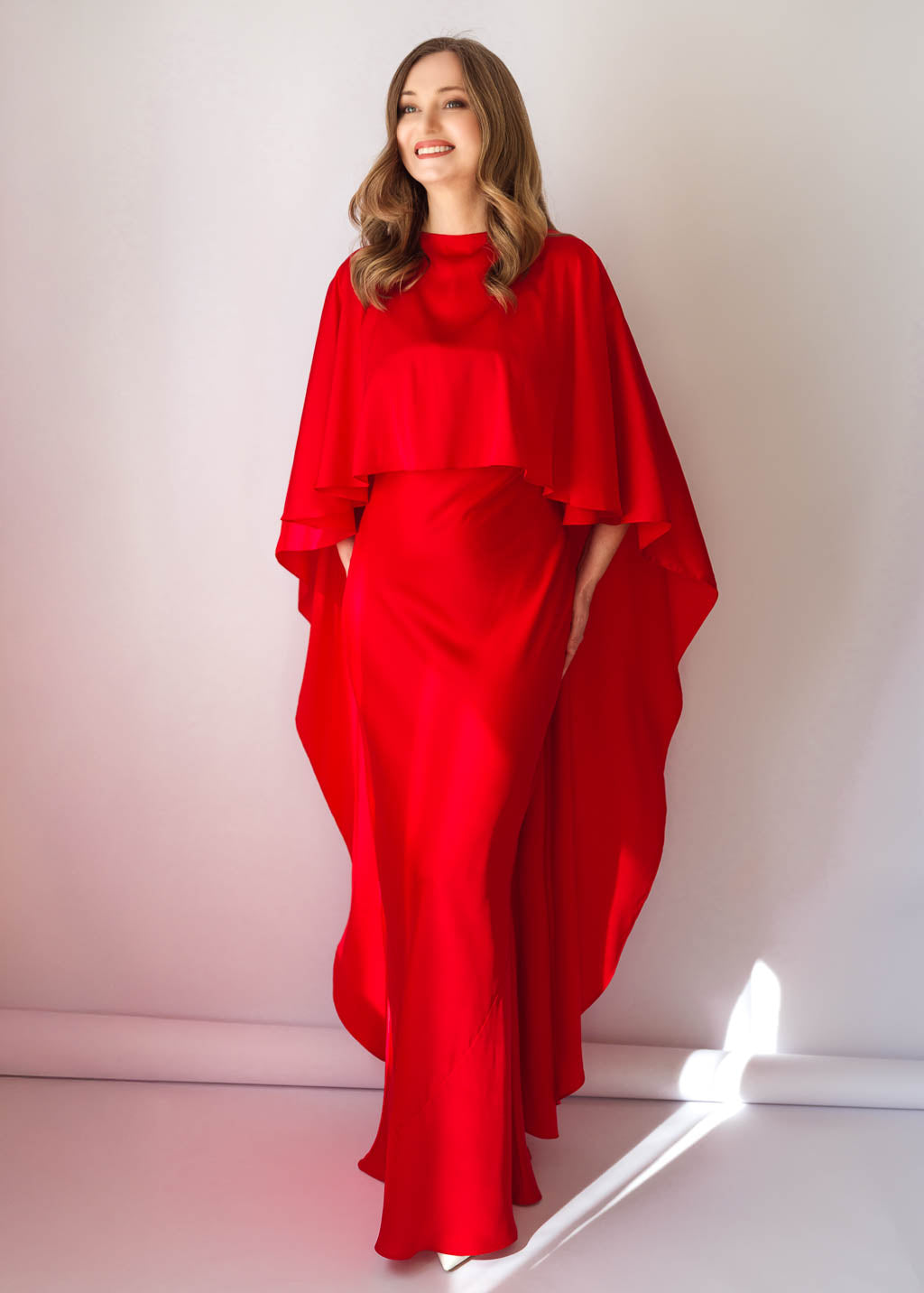 Red Bias Cut Silk Satin Maxi Dress with Silk Cape