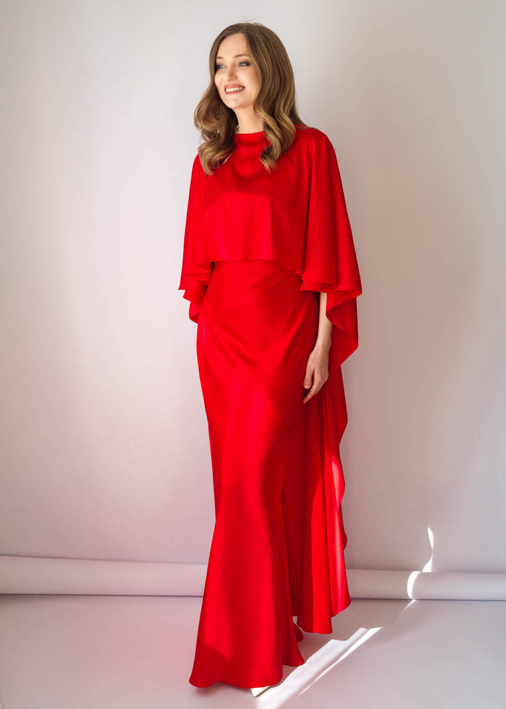 Red Bias Cut Silk Satin Maxi Dress with Silk Cape