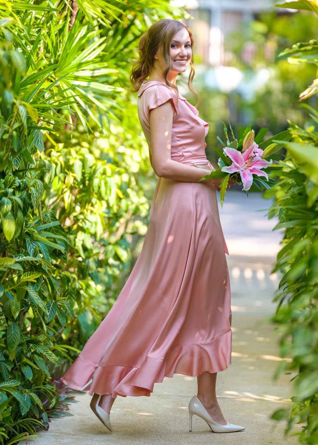 Blush pink wrap silk dress