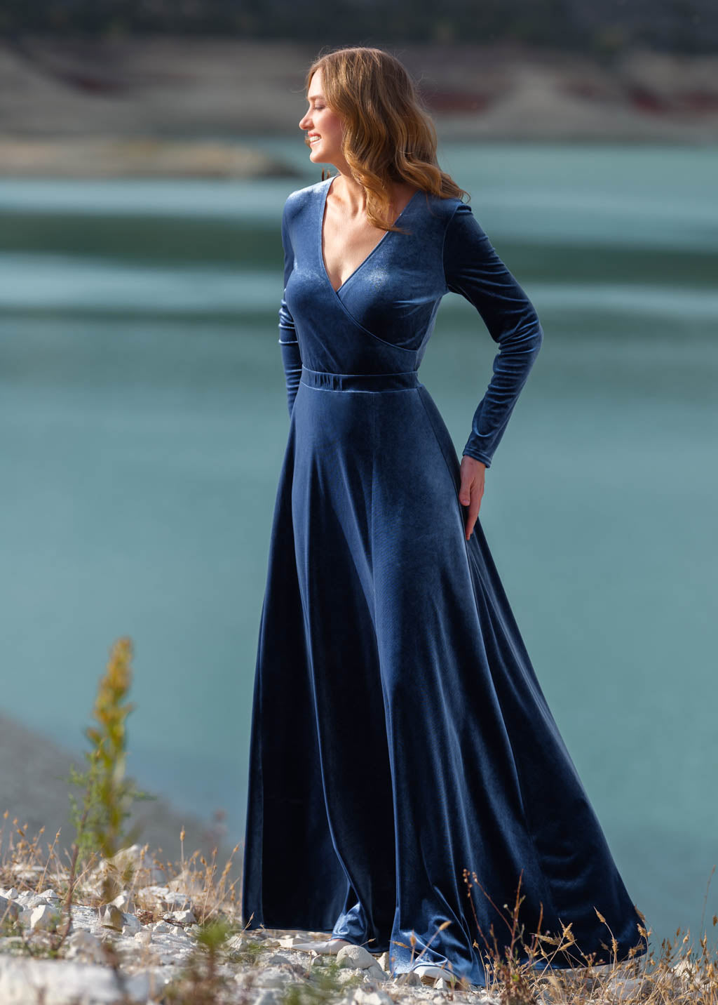 Steel blue velvet slit wrap dress Steel blue velvet slit wrap dress