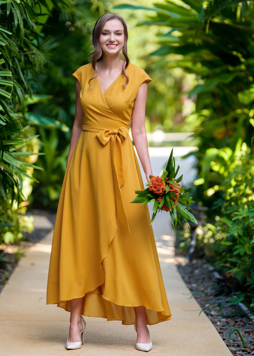 Gold chiffon wrap dress
