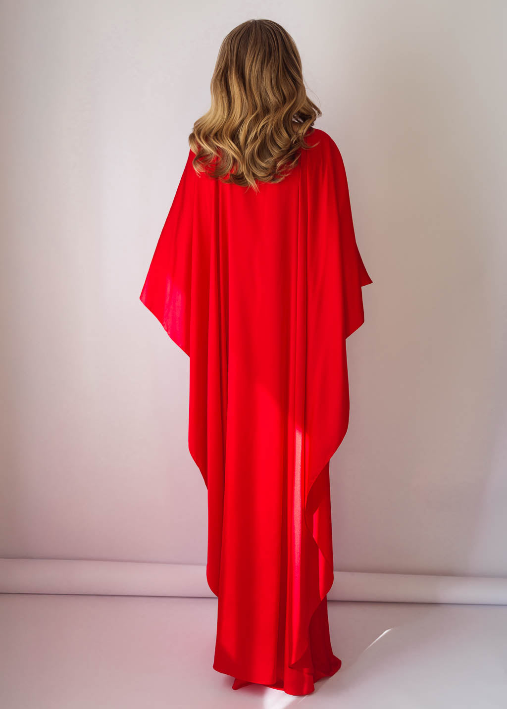 Red Bias Cut Silk Satin Maxi Dress with Silk Cape