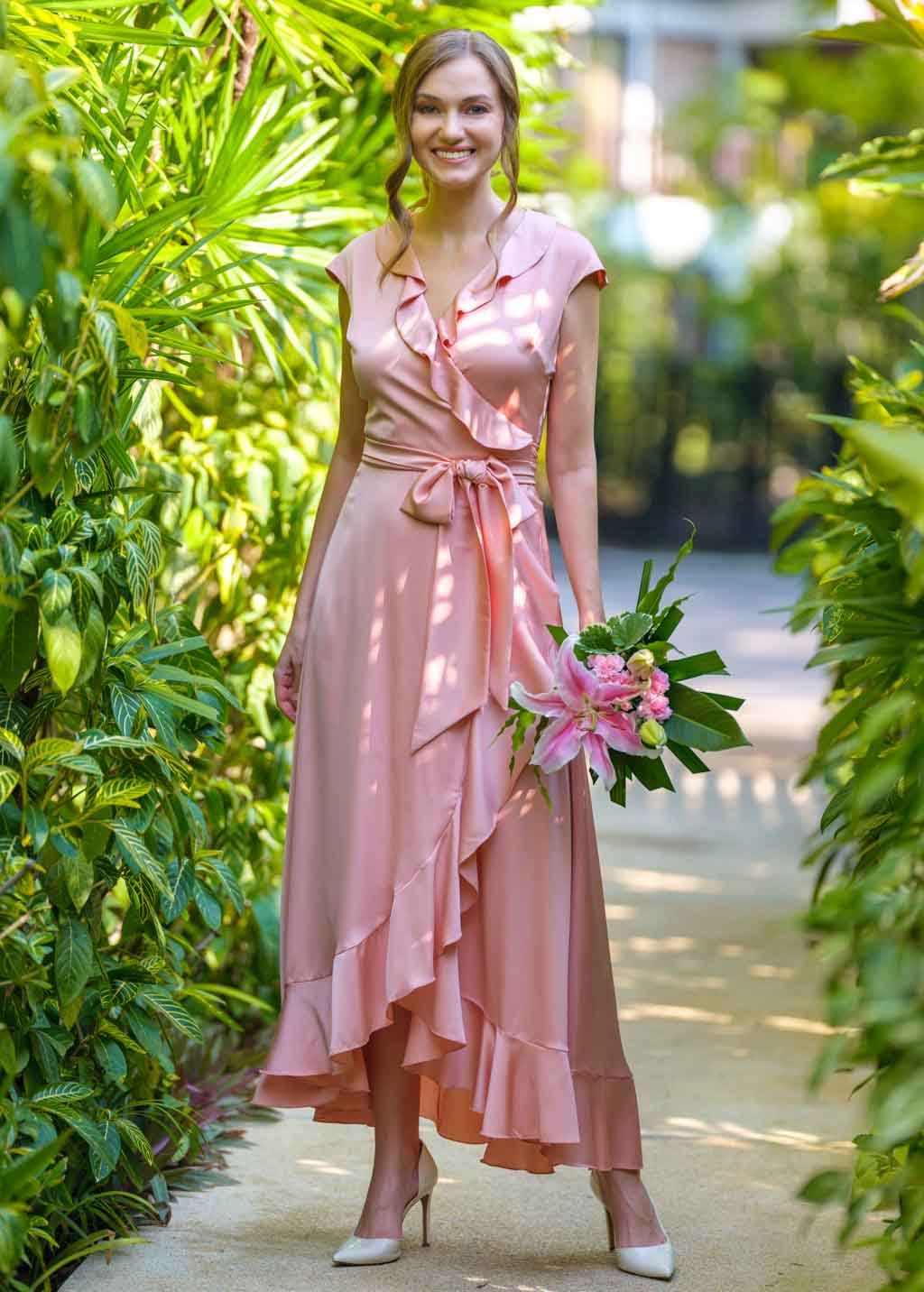 Blush pink wrap silk dress