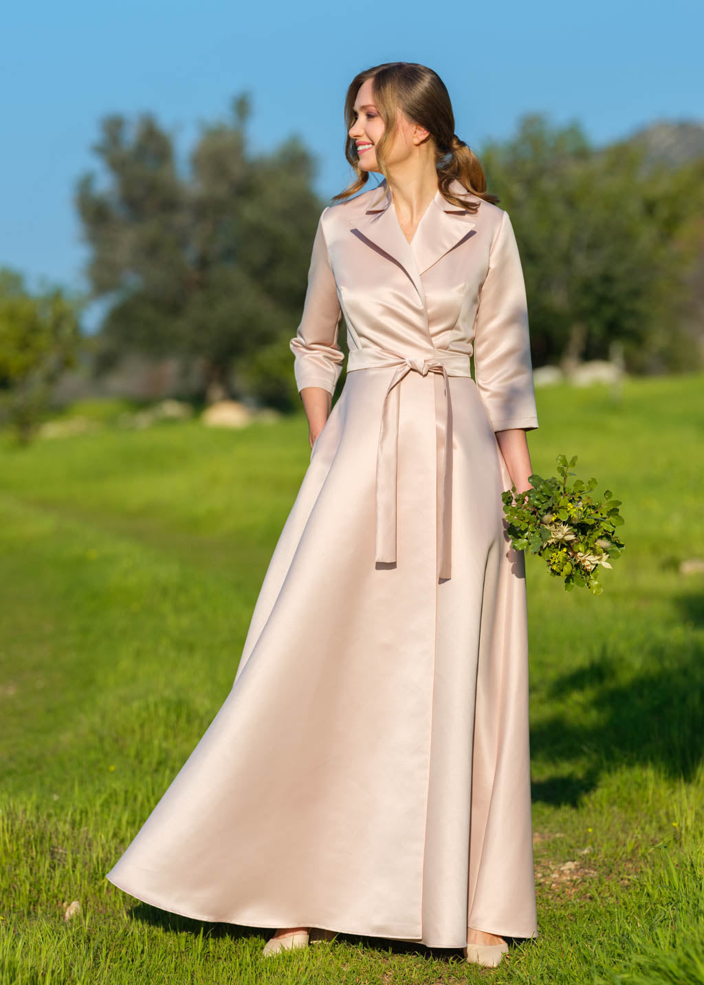 Champagne beige wrap luxury satin dress