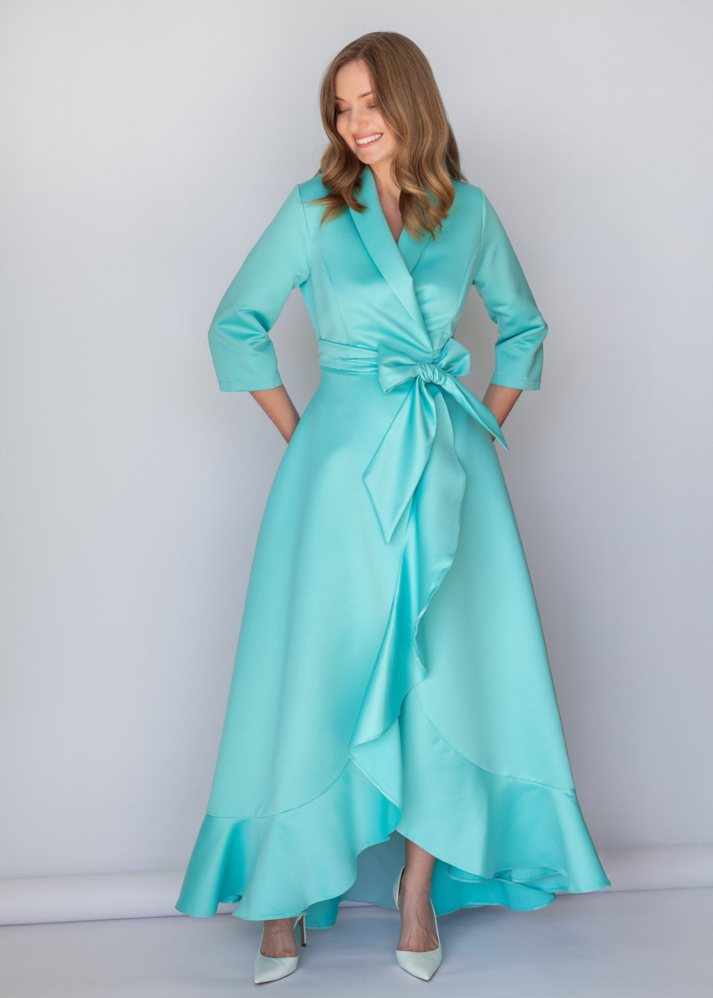 Light Mint Satin Wrap Long Ruffle Dress
