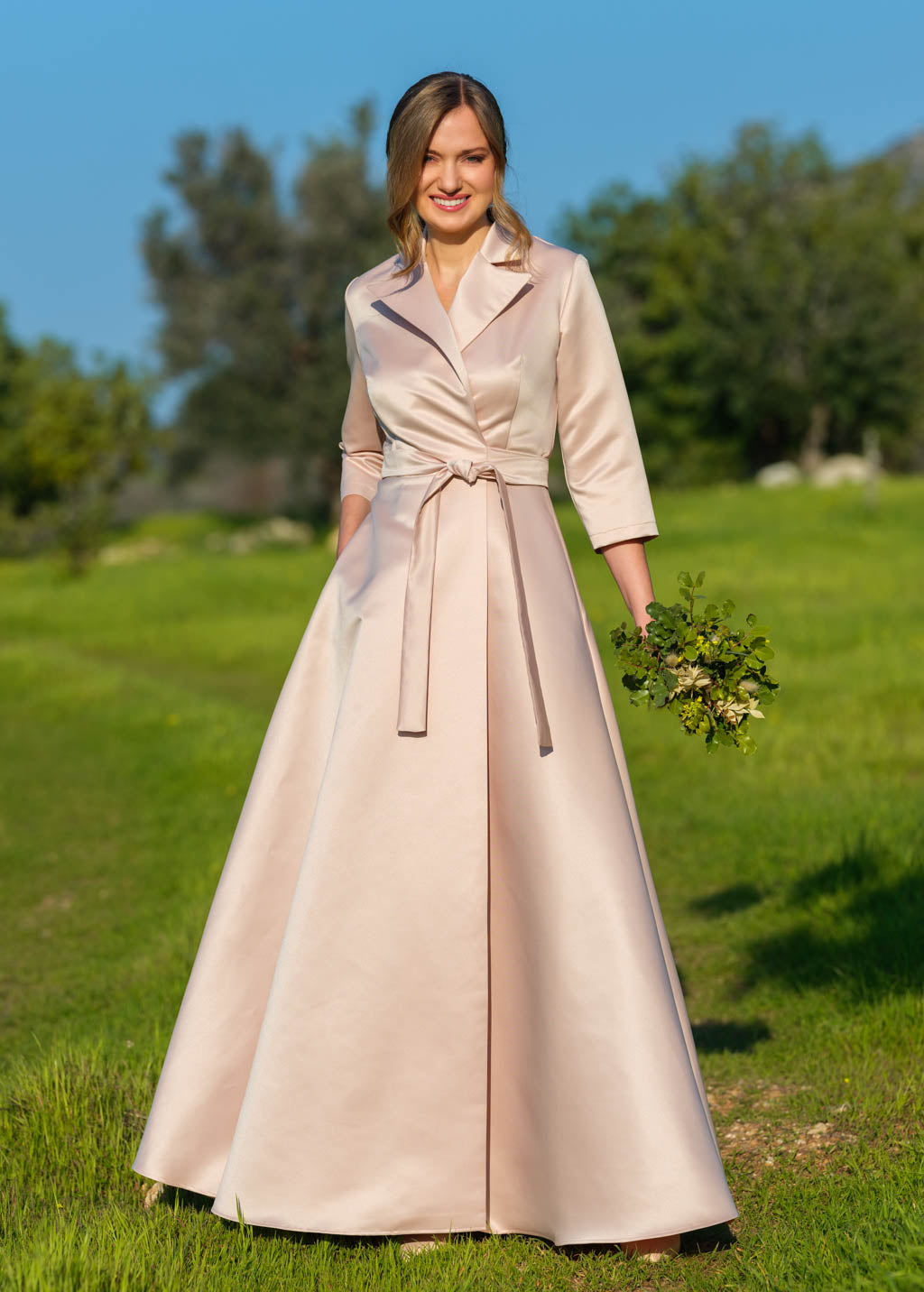 Mother of the Bride & Groom champagne gold satin wrap dress