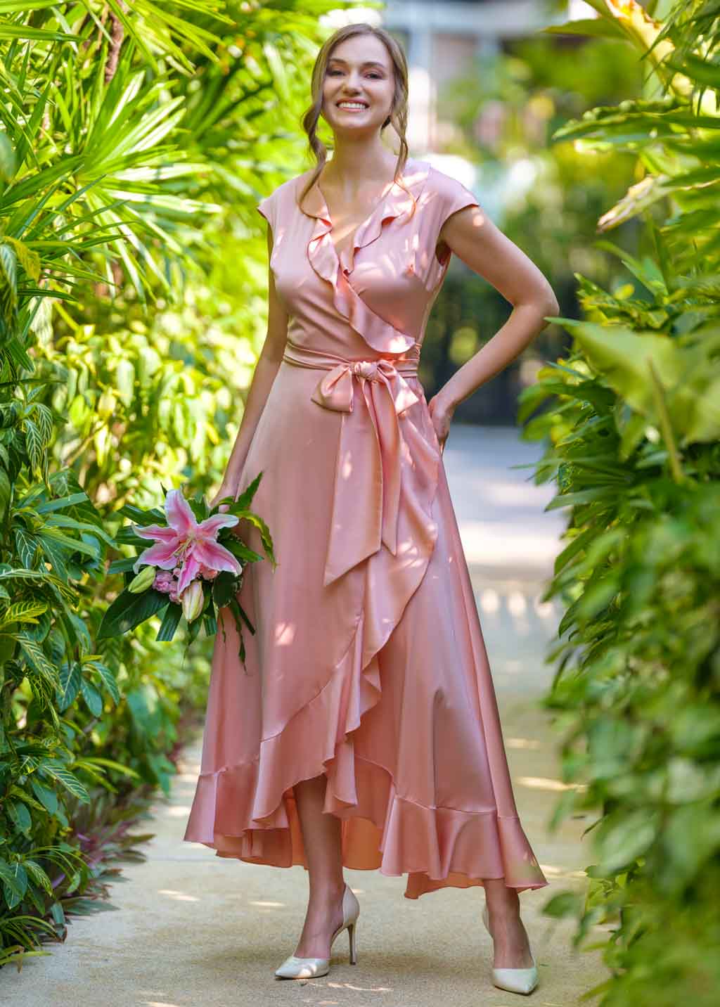 Blush pink wrap silk dress