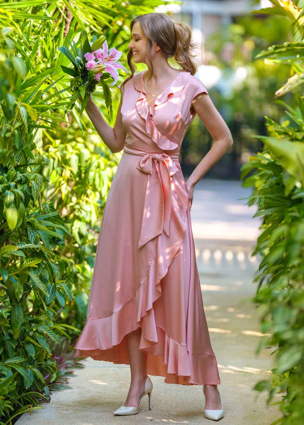 Blush pink wrap silk dress