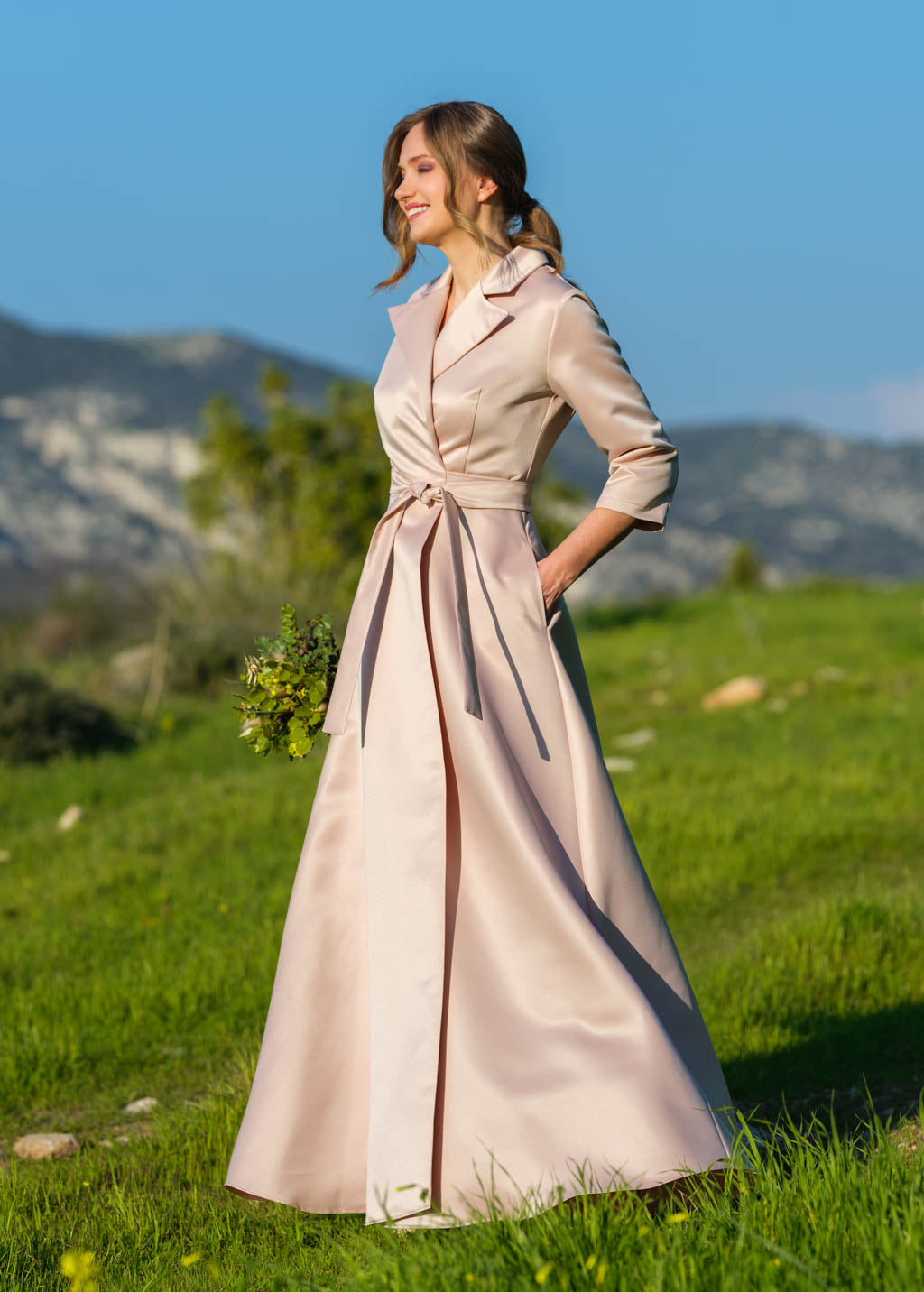 Champagne beige wrap luxury satin dress