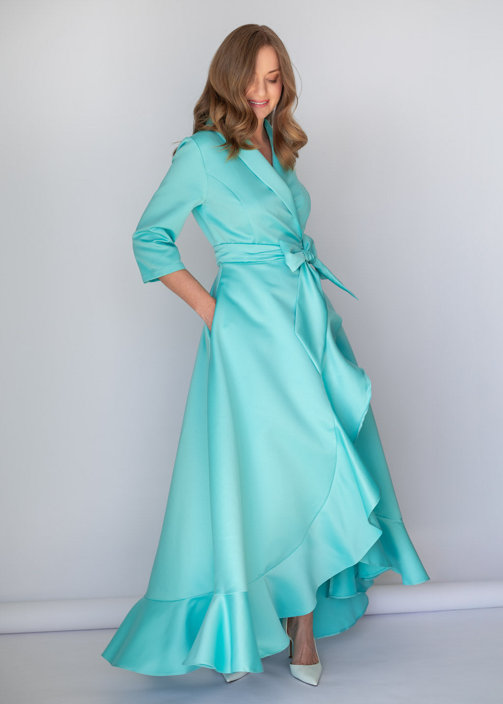 Light Mint Satin Wrap Long Ruffle Dress