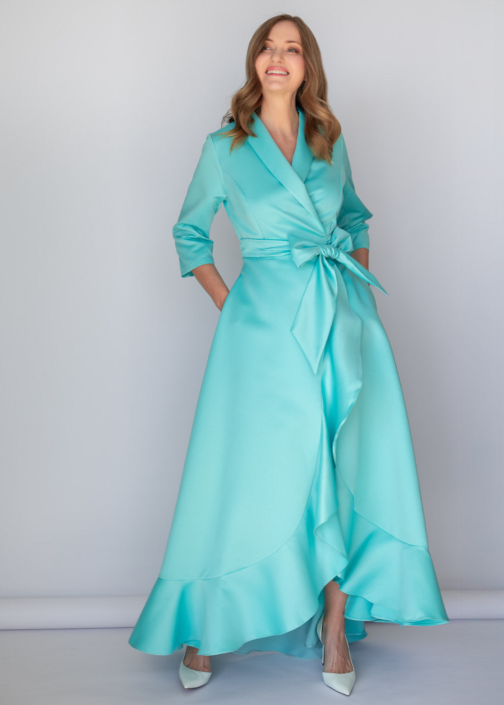 Light Mint Satin Wrap Long Ruffle Dress