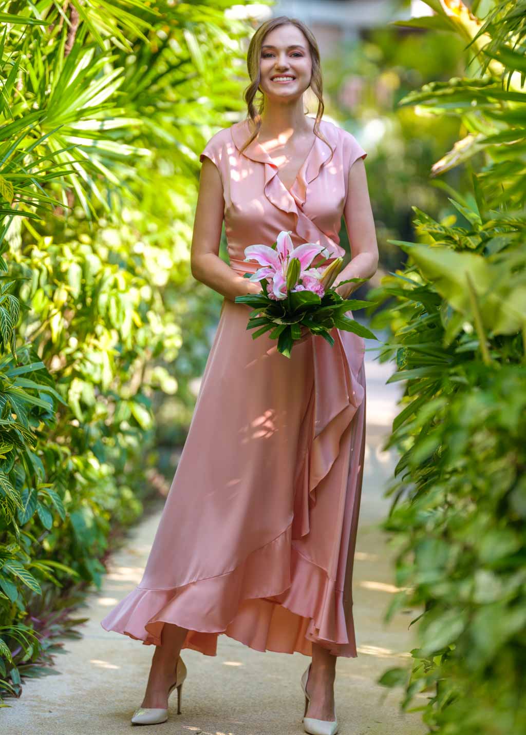 Blush pink wrap silk dress