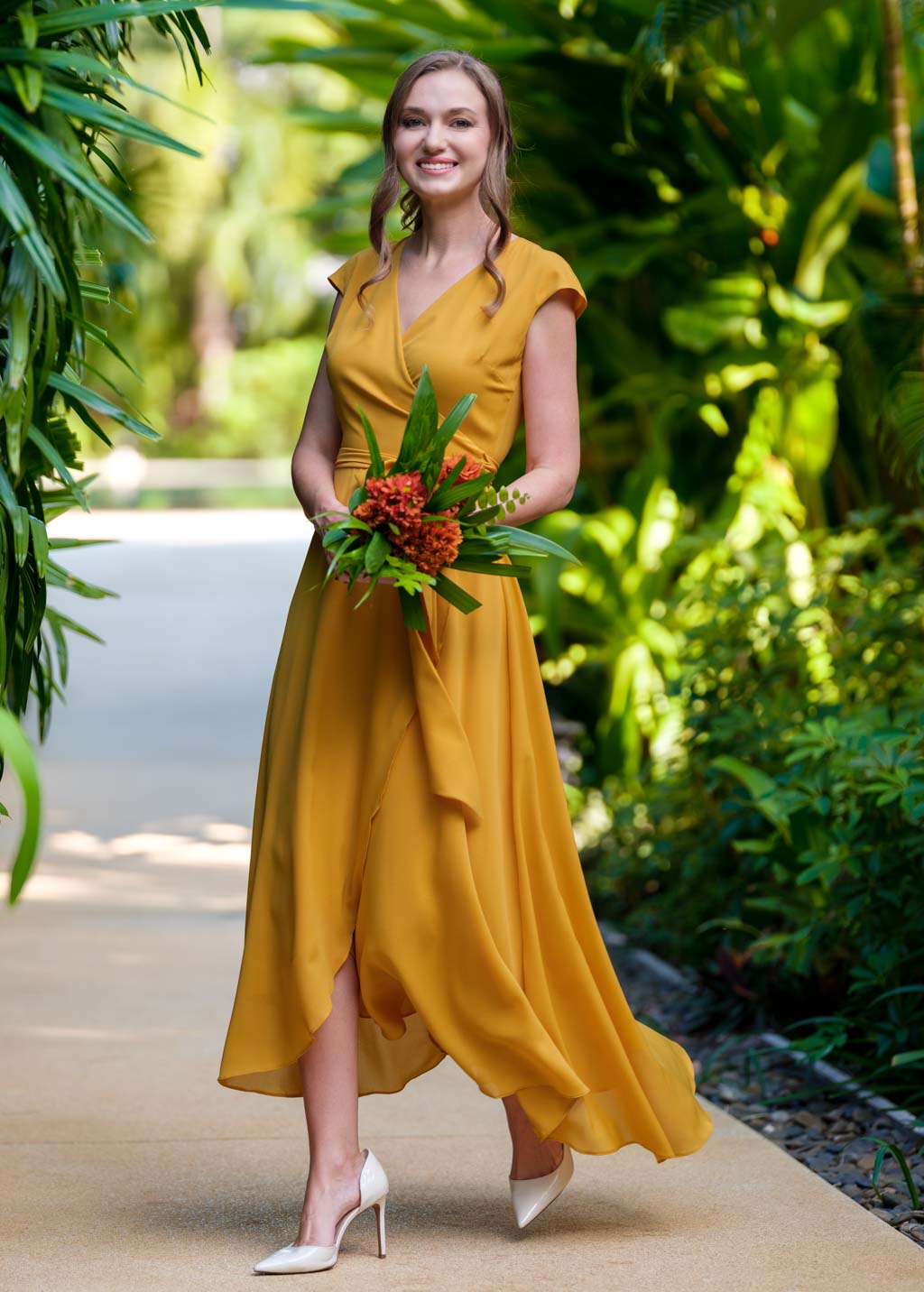 Gold chiffon wrap dress