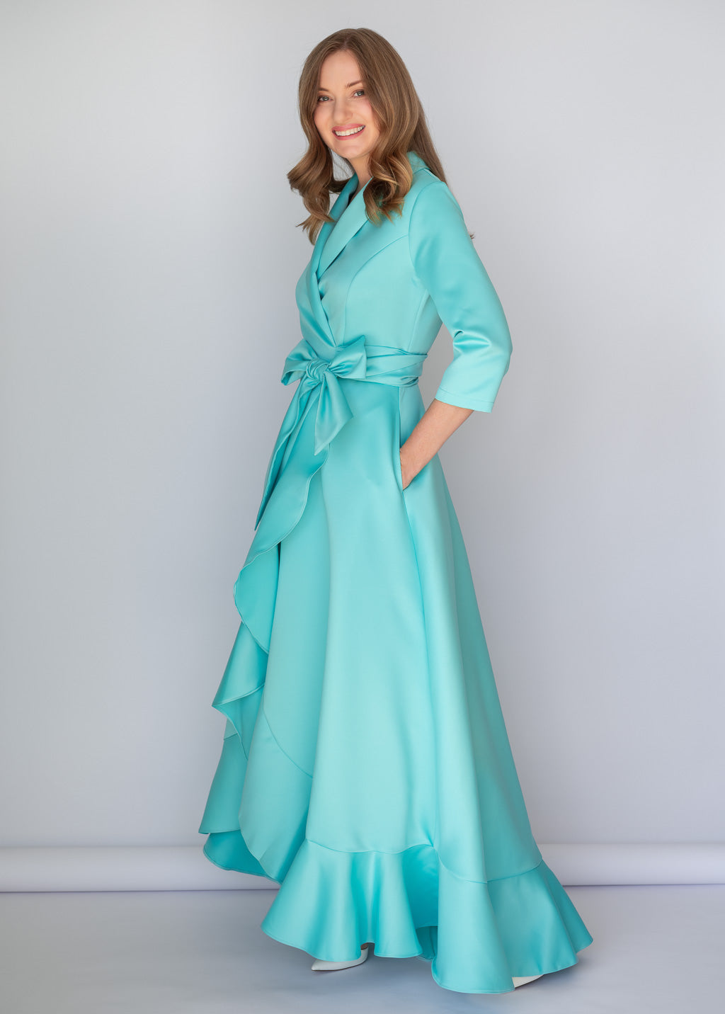 Light Mint Satin Wrap Long Ruffle Dress