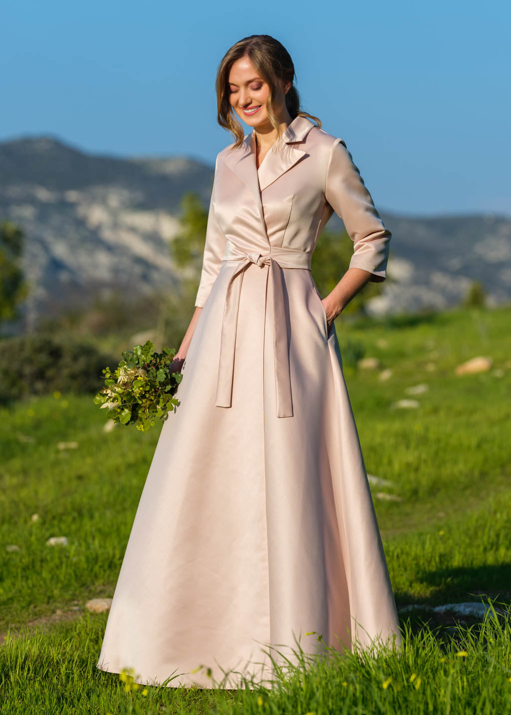 Mother of the Bride & Groom champagne gold satin wrap dress