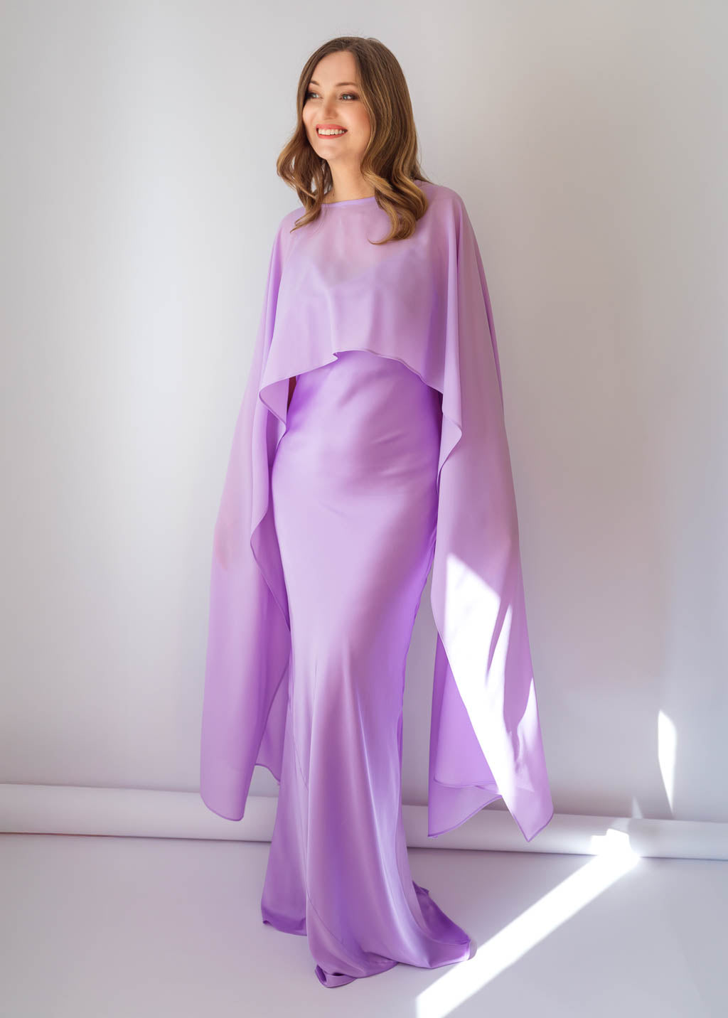 Lilac Bias Cut Silk Satin Maxi Dress with Chiffon Cape